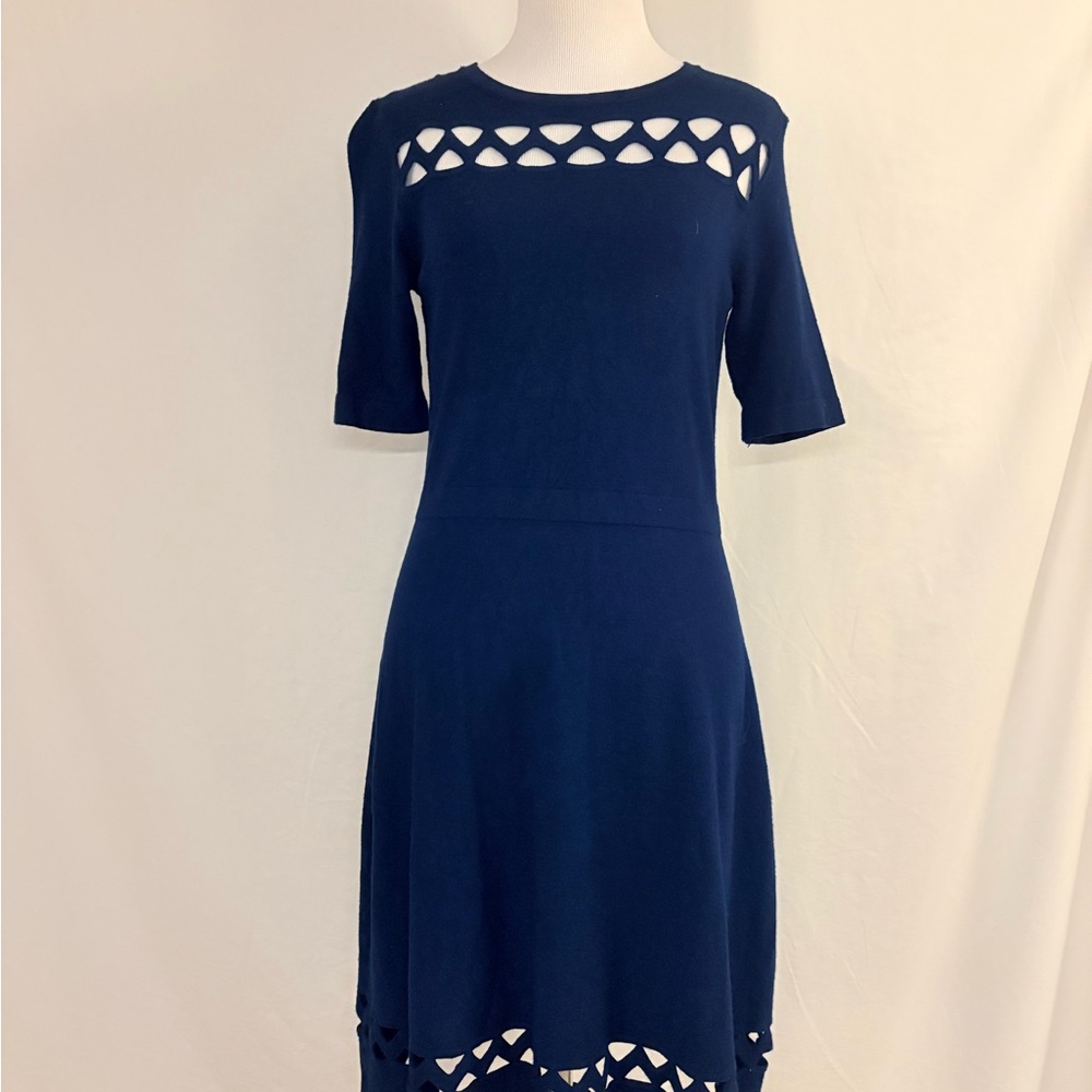 Adrienne Vittadini Blue Sheath Midi Dress 3/4 Sleeve Crew Neck